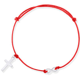 Bransoletka czerwony sznurek krzyżyk infinity 925